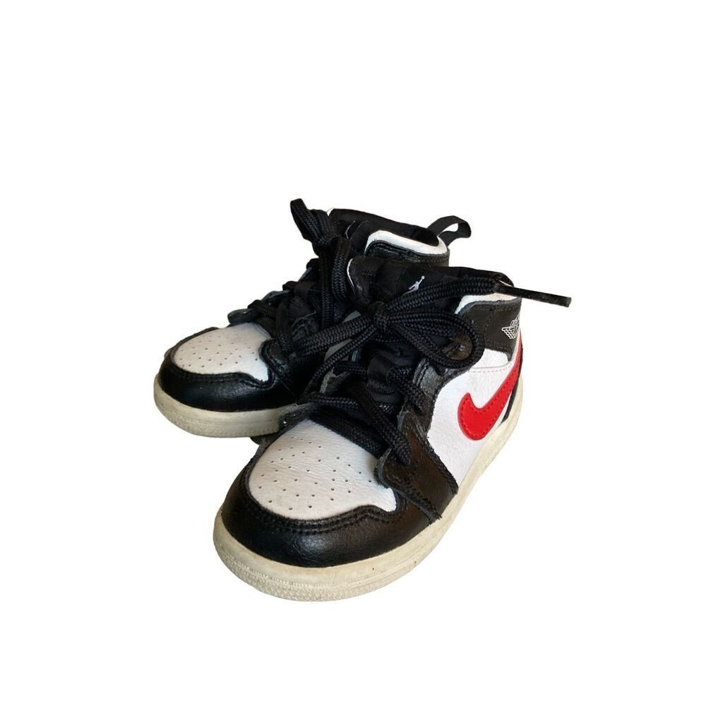 Nike Air Jordan 1 Mid Toddler 8C Black White Red Swoosh Sneakers